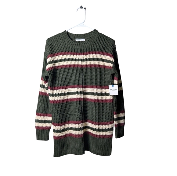 New Arizona Jean Co Olive Green Cream Maroon Red Striped Sweater Holiday Crew - Picture 10 of 11